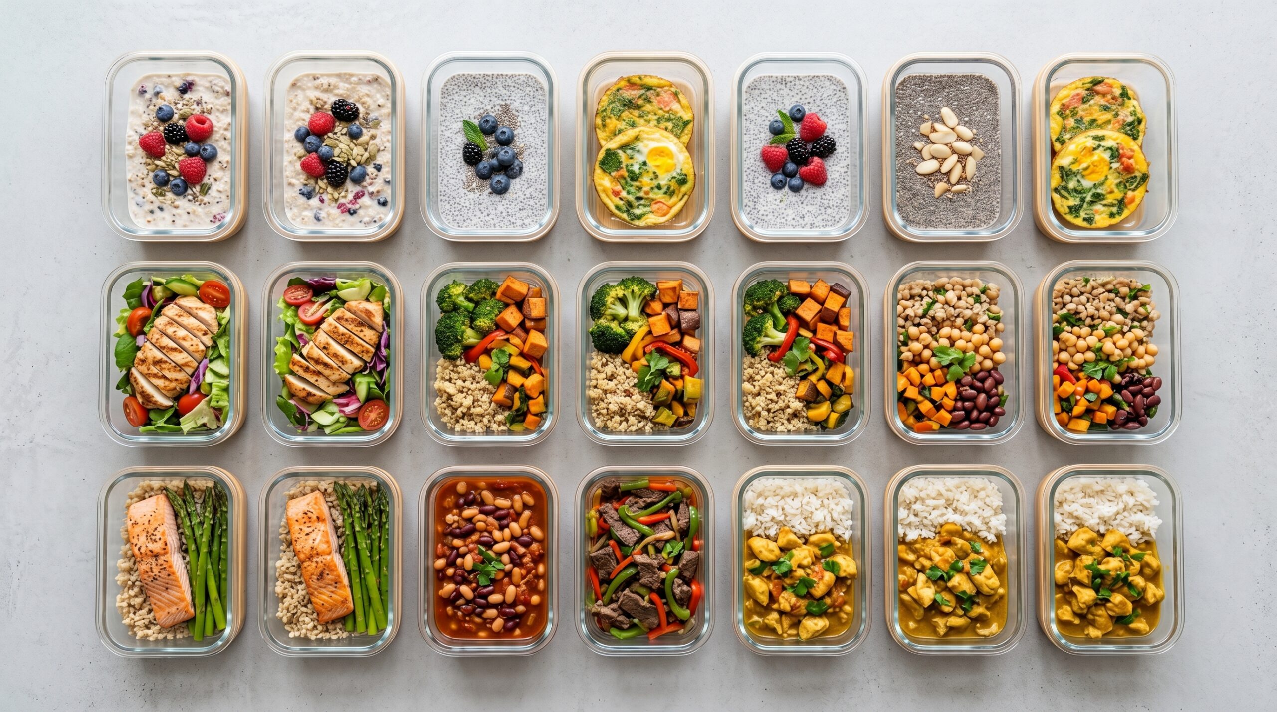 A flat lay of a week’s worth of meal prep containers.