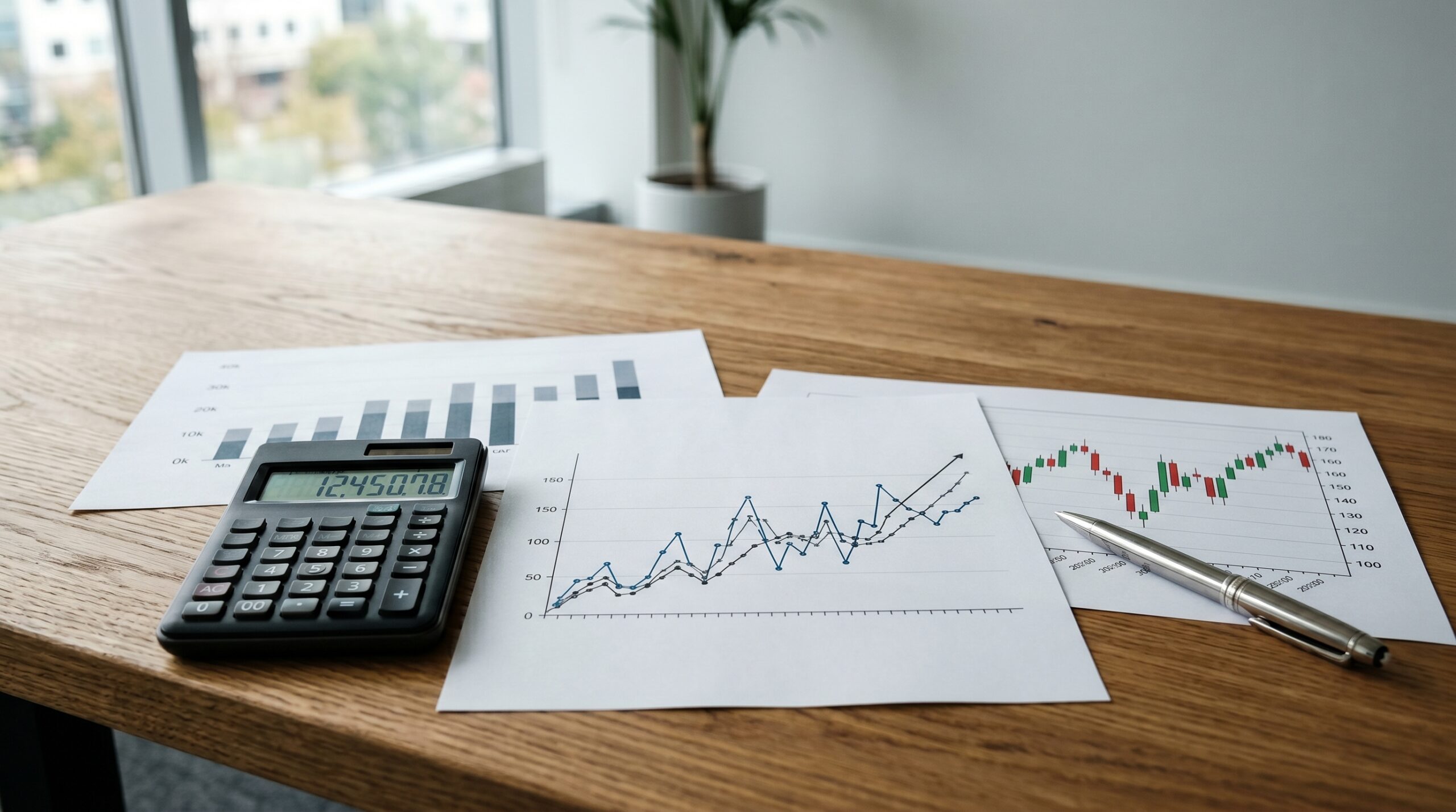 Calculator and financial charts on desk