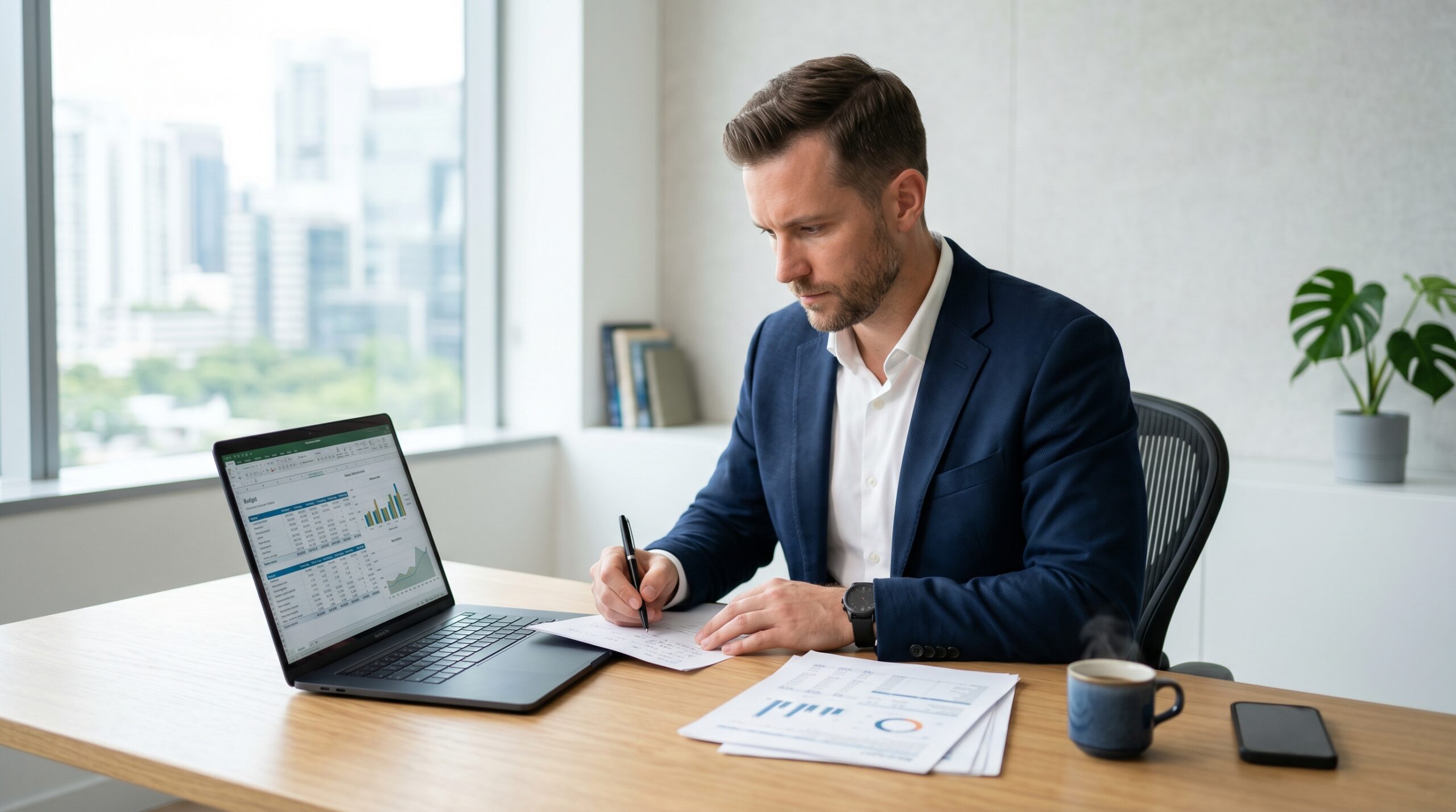 Entrepreneur reviewing budget and expenses