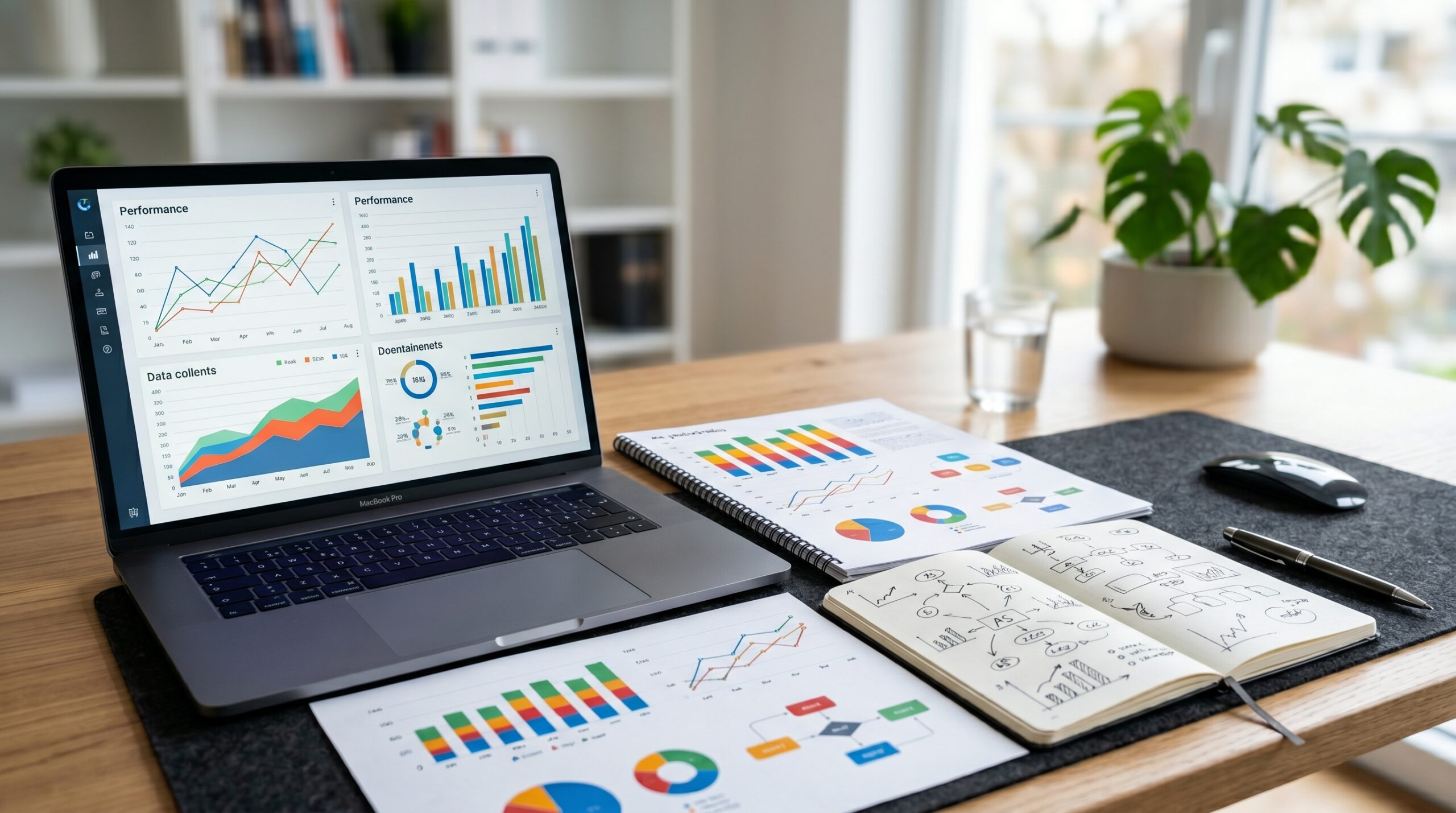 Marketing strategy planning with laptop and charts on desk