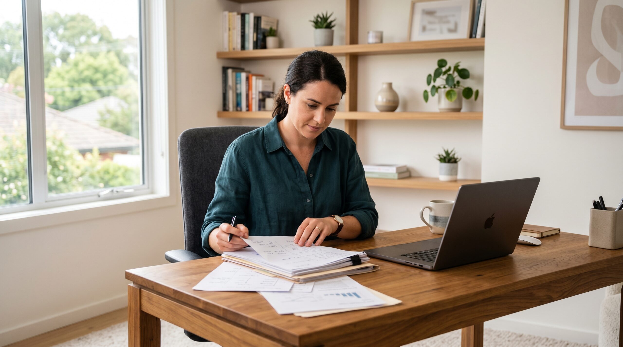 Solopreneur reviewing paperwork at home office