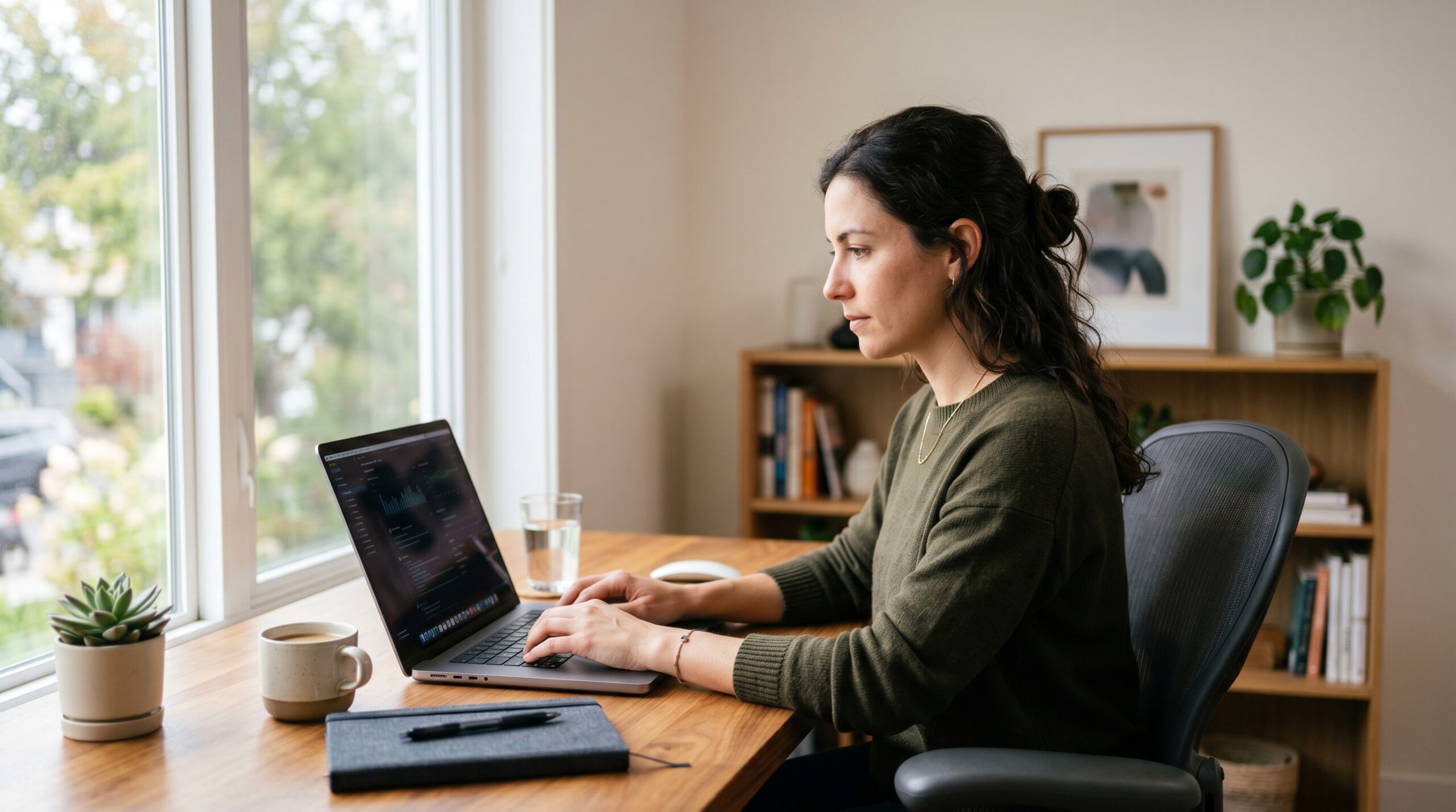Solopreneur working on laptop at home office