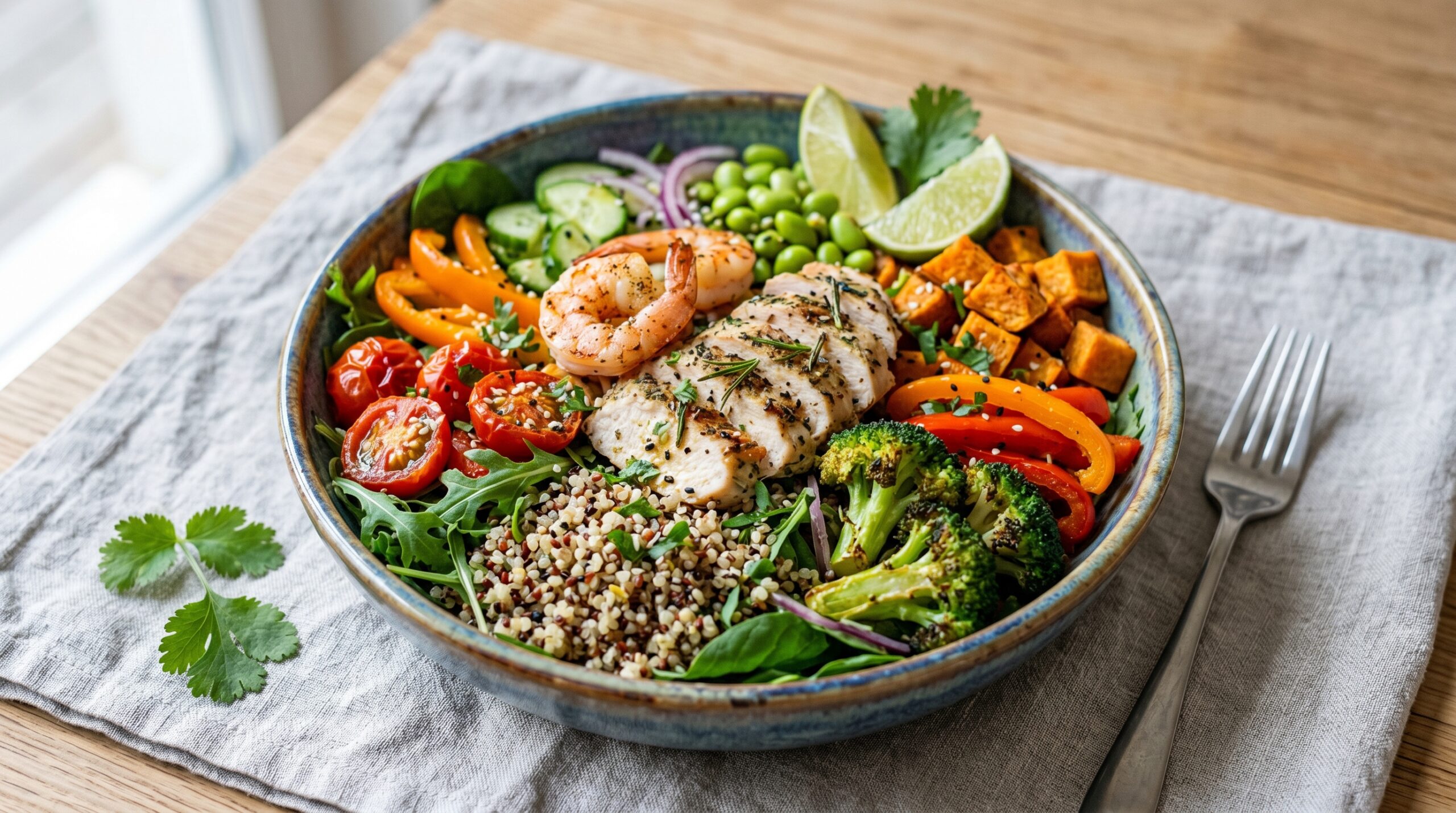 A colorful bowl of veggies and lean protein.