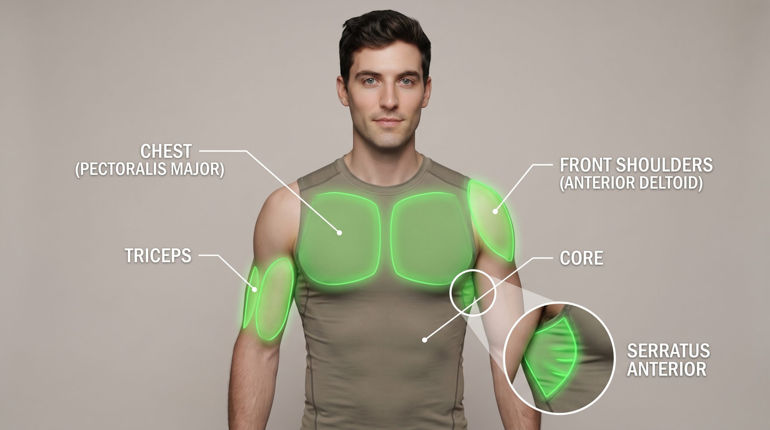 Anatomical diagram showing muscles activated during push-ups: pectoralis major, triceps, anterior deltoids, serratus anterior, and core